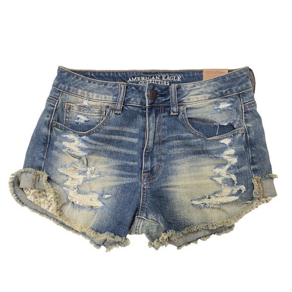 NWT American Eagle Hi Rise Festival Distressed Denim Sequin Pocket Shorts Size 8 - Picture 1 of 6